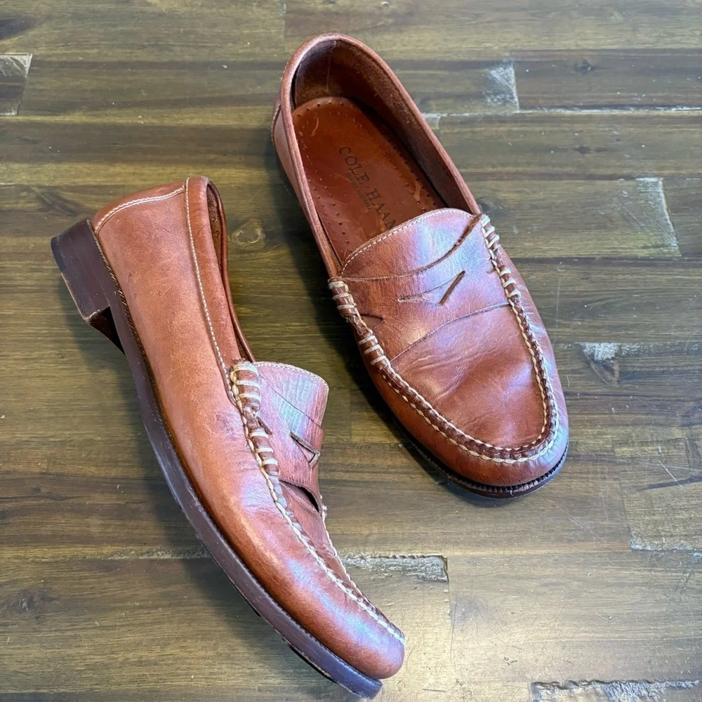 Cole Haan Mens Loafer Dress Shoes Penny Slip On Brown Leather 9 Brazil Stitching